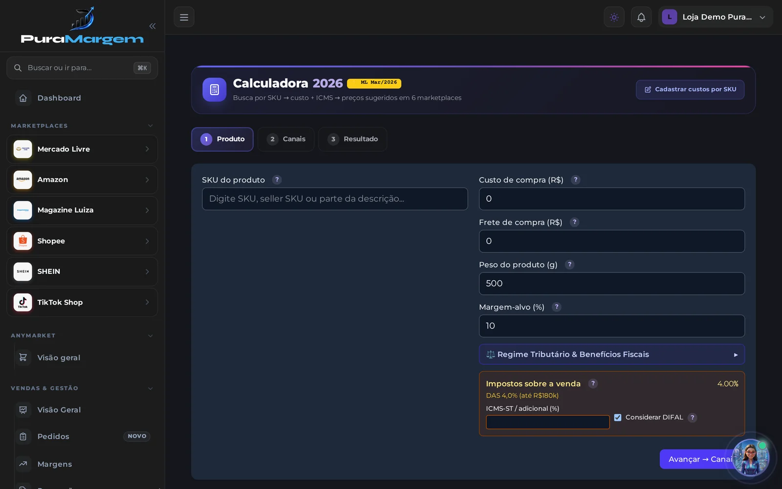 Tela da calculadora do PuraMargem, com busca por SKU e configuração de impostos