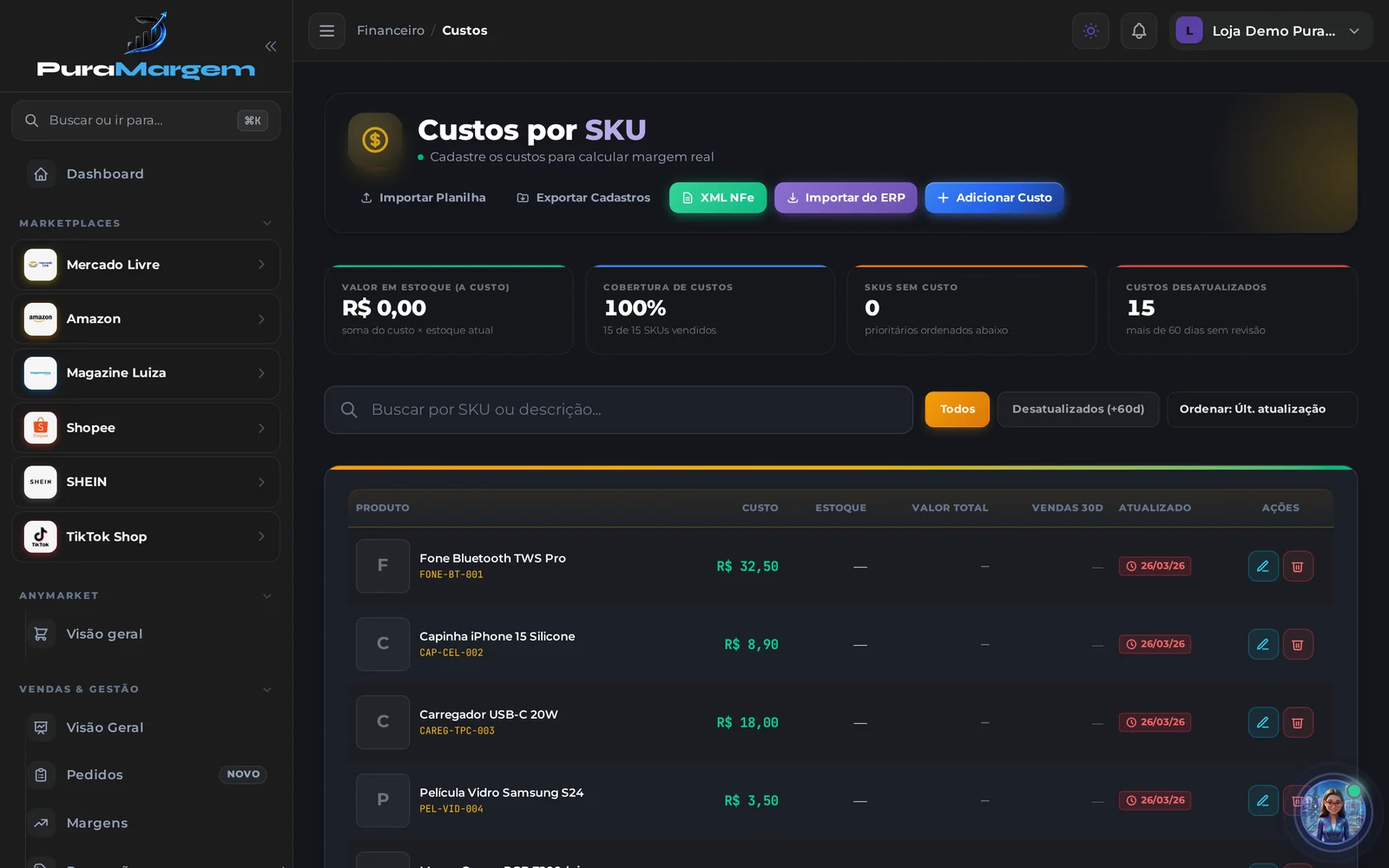 Tela Custos por SKU com a lista de produtos, custo, estoque e data da última atualização