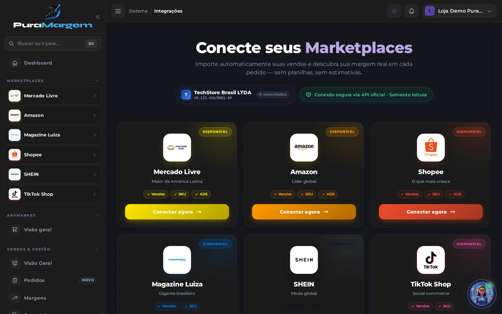 Tela Conecte seus Marketplaces, com cartões do Mercado Livre, Amazon, Shopee, Magazine Luiza, SHEIN e TikTok Shop e o botão Conectar agora