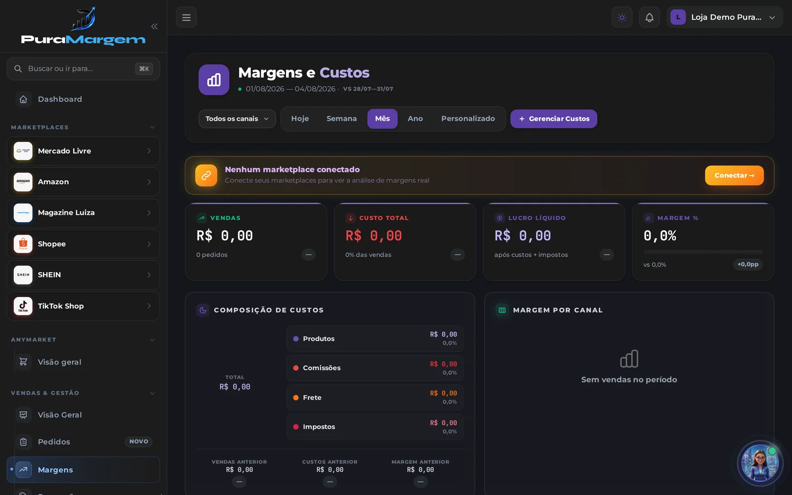 Tela Margens e Custos com o aviso Nenhum marketplace conectado e todos os indicadores em R$ 0,00